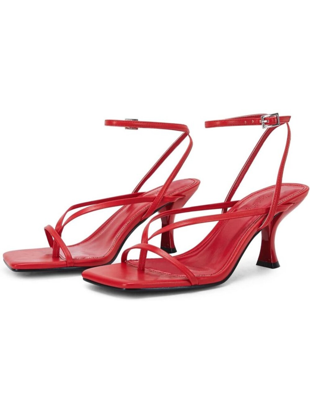 Women's Red Strappy Square Toe Thong Ankle Strap High Heeled Sandals